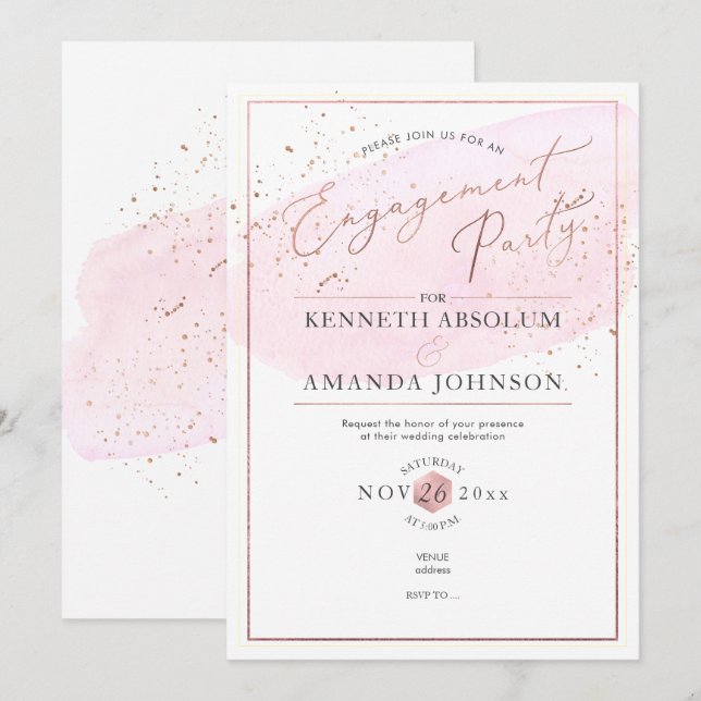 Pink Watercolor Elegant Script Engagement Party Invitation (Front/Back)