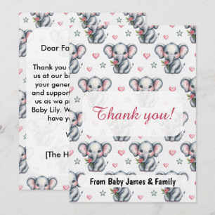 Pink Watercolor Elephant Baby Shower Thank You Card