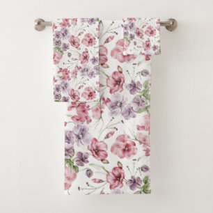 Pink Watercolor English Vintage Floral Bath Towel Set