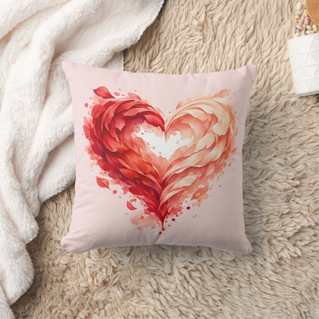 Pink Watercolor Feather Heart Throw Pillow (Blanket)