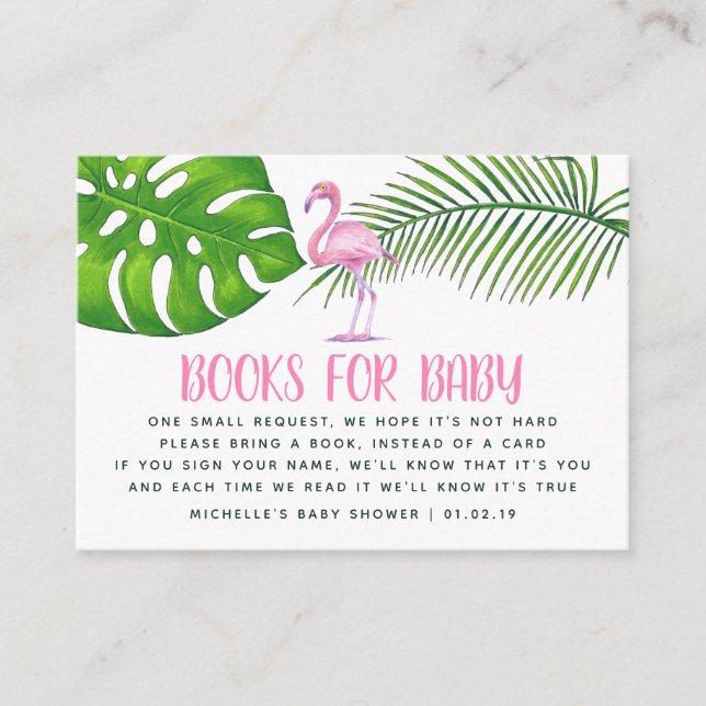 Pink Watercolor Flamingo Baby Shower Book Request Enclosure Card (Front)