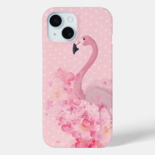 Pink Watercolor Flamingo Floral and Dots iPhone 15 Case