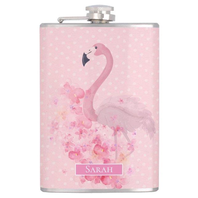 Pink Watercolor Flamingo Floral and Dots Hip Flask (Front)