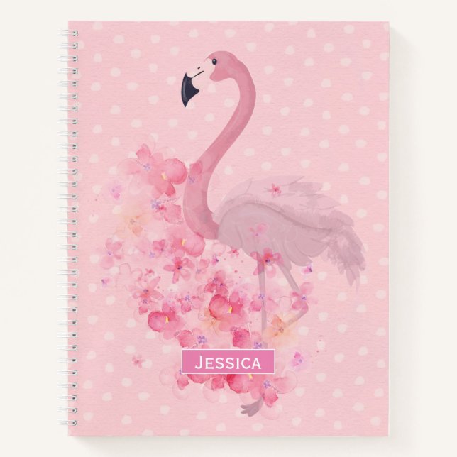 Pink Watercolor Flamingo Floral and Dots Named Notebook (Front)