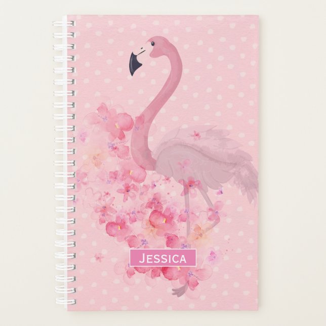 Pink Watercolor Flamingo Floral and Dots Planner (Front)