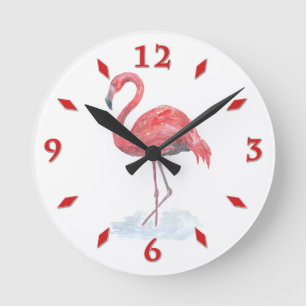 Pink watercolor Flamingo . Round Clock