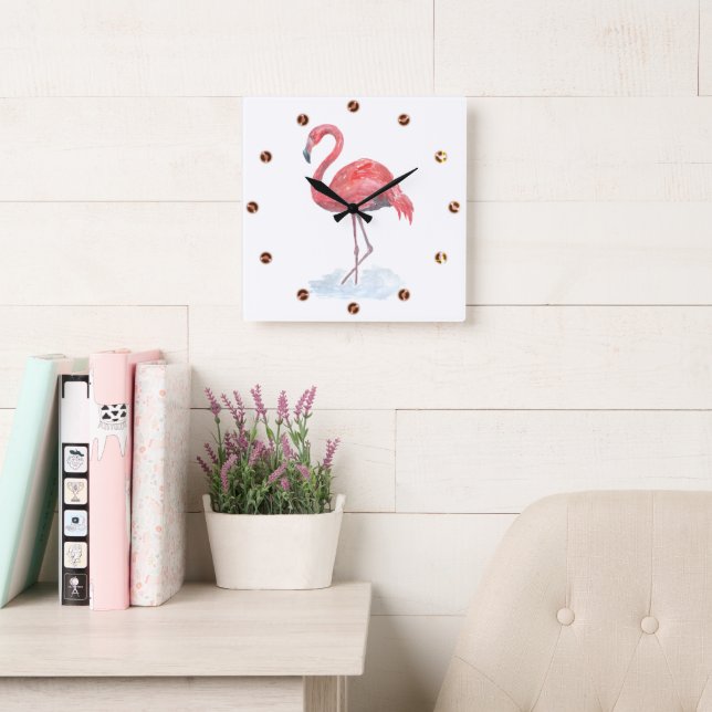 Pink watercolor Flamingo . Square Wall Clock (Reading Room)