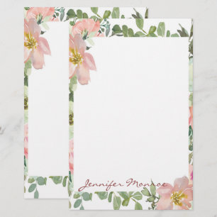 Pink watercolor flora personalized stationery