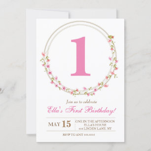 Pink Watercolor Floral 1st Birthday Invitations