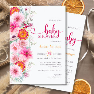 Pink Watercolor Floral and Citrus Baby Shower Invitation