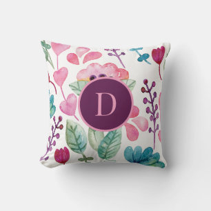 Pink Watercolor Floral Art Cute Monogram Throw Pillow