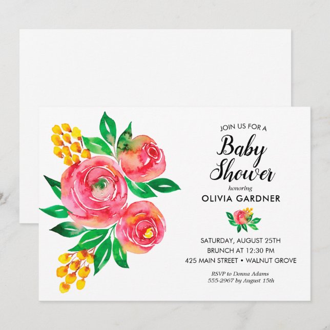 Pink Watercolor Floral Baby Shower Invitations (Front/Back)