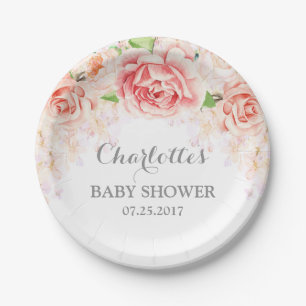 Pink Watercolor Floral Baby Shower Plate