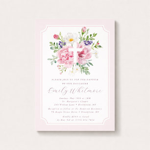 Pink Watercolor Floral Baptism Invitation for Girl