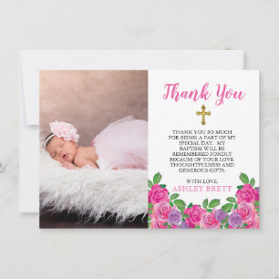 Pink Watercolor Floral Baptism Photo Thank You Card