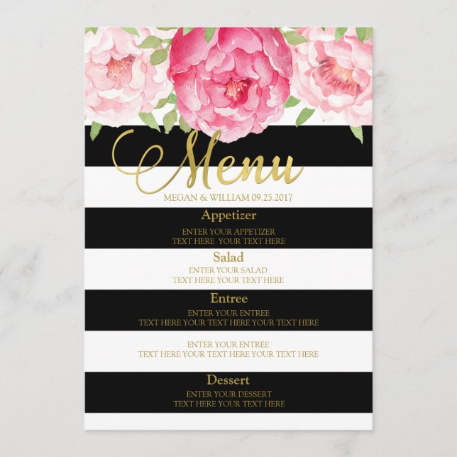 Pink Watercolor Floral Black Stripes Menu Mariage (Devant)
