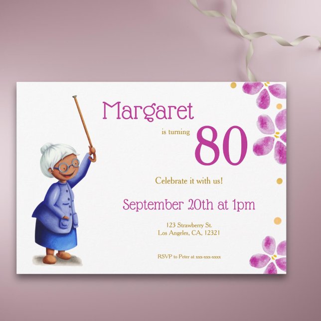 Pink Watercolor Floral Black Woman 80th Birthday Invitation (Creator Uploaded)