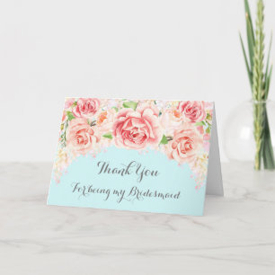 Pink Watercolor Floral Blue Thank You Bridesmaid Card
