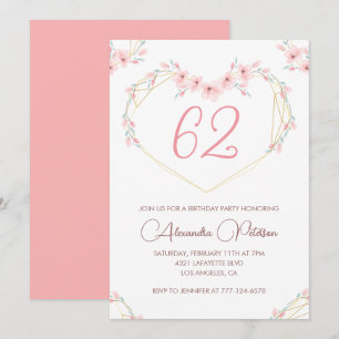 Pink Watercolor Floral Boho 62nd birthday  Invitation