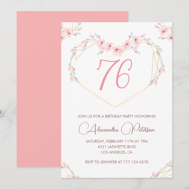 Pink Watercolor Floral Boho 76th birthday  Invitation (Front/Back)