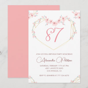 Pink Watercolor Floral Boho 87th birthday  Invitation
