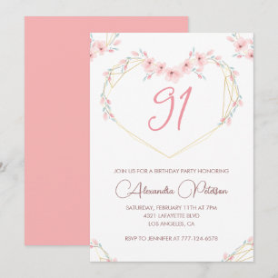 Pink Watercolor Floral Boho 91st birthday  Invitation