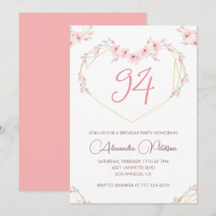 Pink Watercolor Floral Boho 94th birthday Invitation