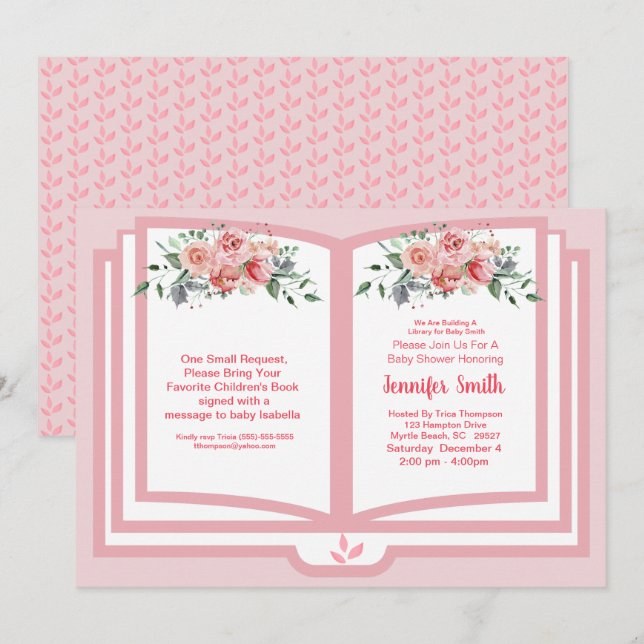  Pink Watercolor Floral Book Theme  Baby Shower   Invitation (Front/Back)