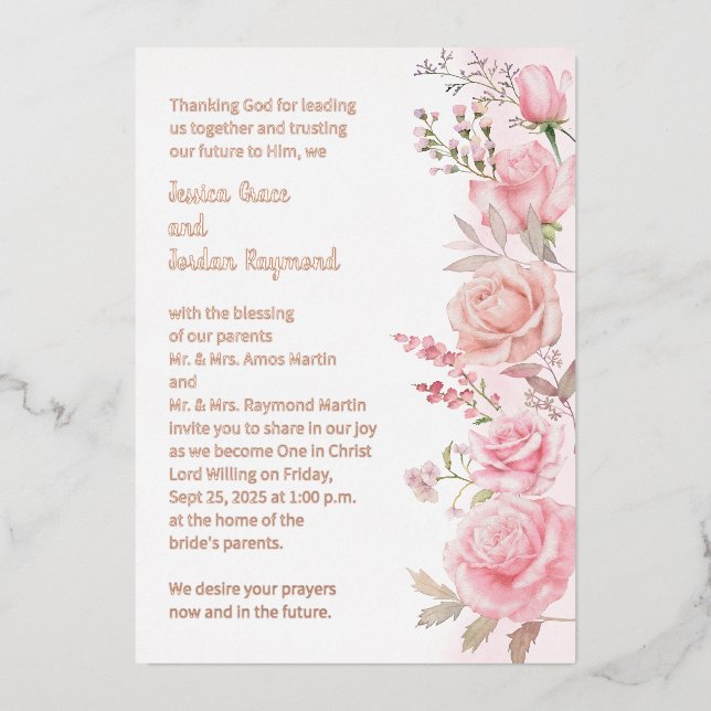 Pink Watercolor Floral Border Wedding Rose Gold (Front)