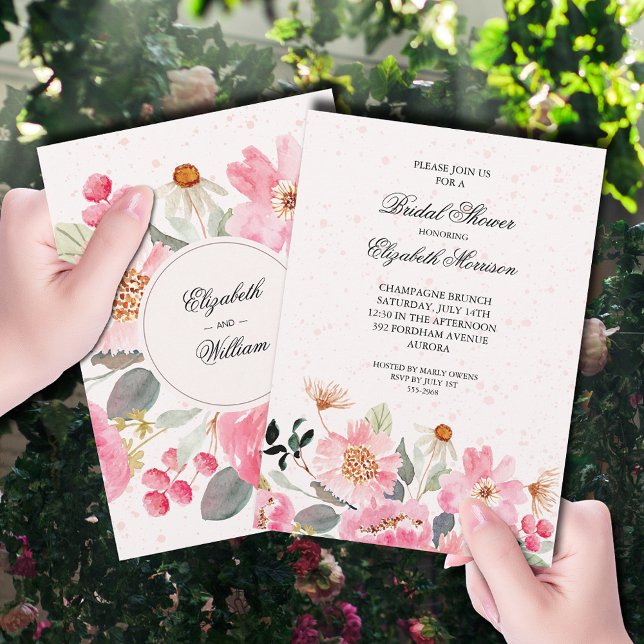 Pink Watercolor Floral Bridal Shower Invitation (Watercolor pink garden flowers bridal shower invitations)
