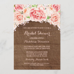 Pink Watercolor Floral Brown Wood Bridal Shower Invitation