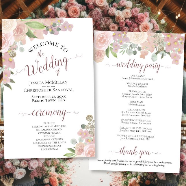 Pink Watercolor Floral Budget Wedding Program (Front/Back)