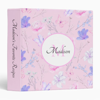 Pink Watercolor Floral Butterflies Monogram  Binder