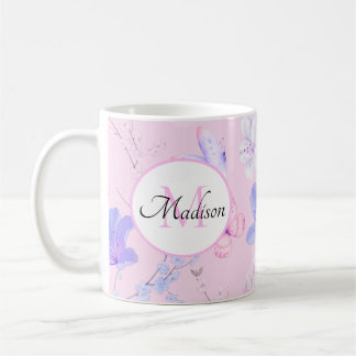Pink Watercolor Floral Butterflies Monogram  Coffee Mug