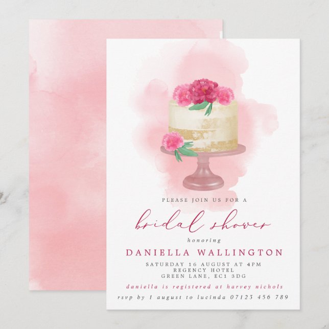 Pink Watercolor Floral Cake Bridal Invitation (Front/Back)
