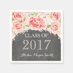 Pink Watercolor Floral Chalkboard 2017 Graduation Napkin