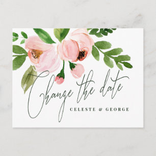 Pink watercolor floral change the date wedding announcement postcard