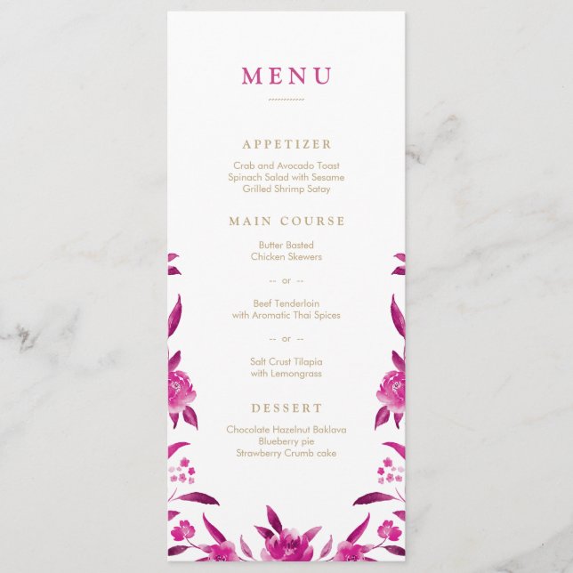 Pink Watercolor floral Chinoiserie Wedding menu (Front)