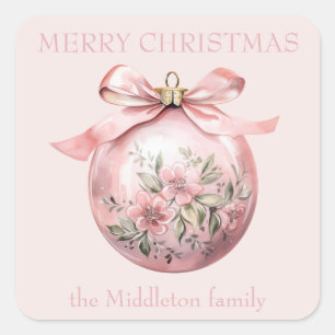 Pink Watercolor Floral Christmas Ornament Square Sticker