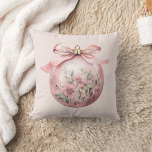 Pink Watercolor Floral Christmas Ornament Throw Pillow