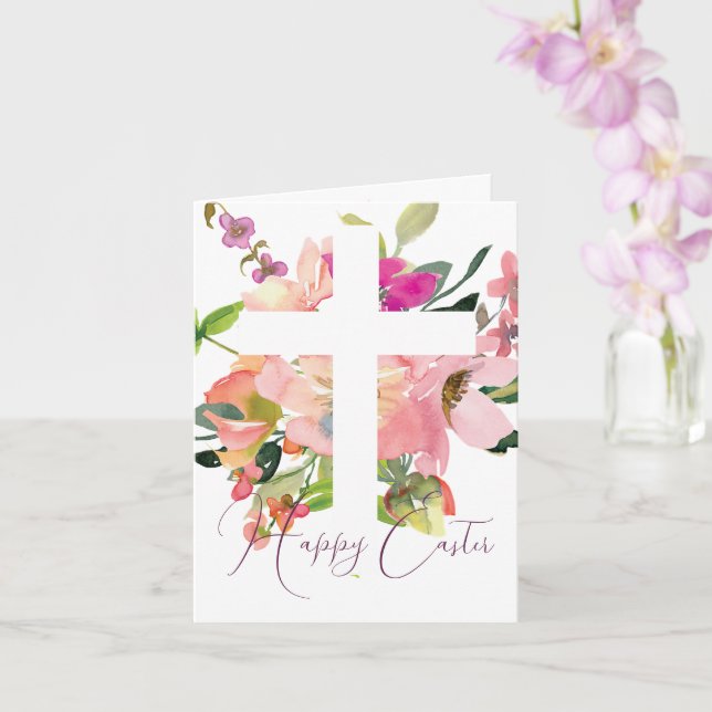 Pink watercolor floral cross Easter Card (Orchid)