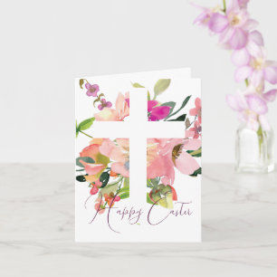 Pink watercolor floral cross Easter Card