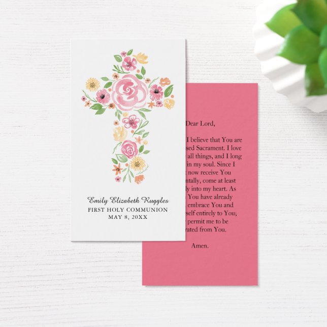 Pink Watercolor Floral Cross Prayer Card (Desk)
