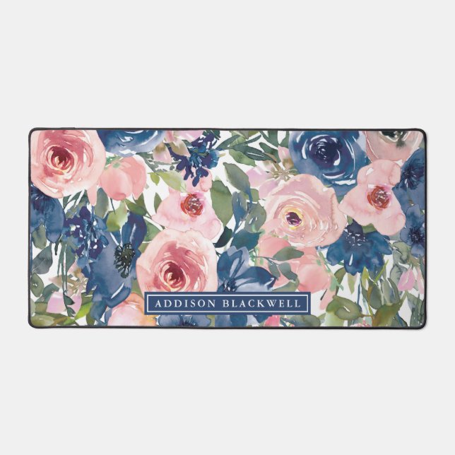 Pink Watercolor Floral Desk Mat and Custom Name (Front)