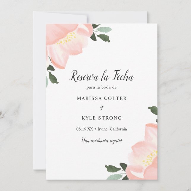 Pink Watercolor Floral Elegant Spanish Wedding Save The Date (Front)
