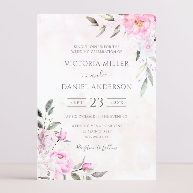 Pink Watercolor Floral Elegant Wedding Invitation (Creator Uploaded)