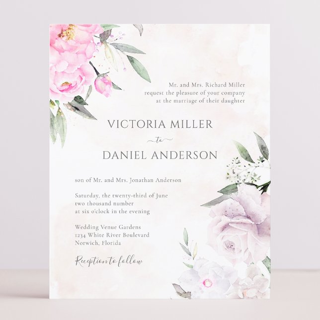 Pink Watercolor Floral Elegant Wedding Invitation (Creator Uploaded)