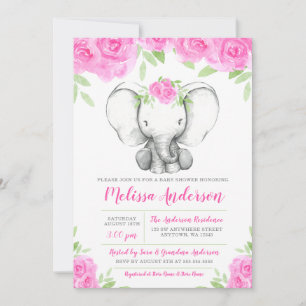Pink Watercolor Floral Elephant Baby Shower Invitation