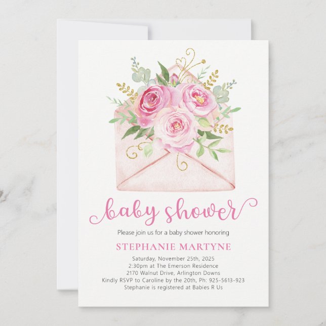 Pink Watercolor Floral Envelope Baby Shower Invitation (Front)
