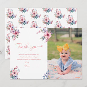 Pink Watercolor Floral First Birthday Thank You Card
